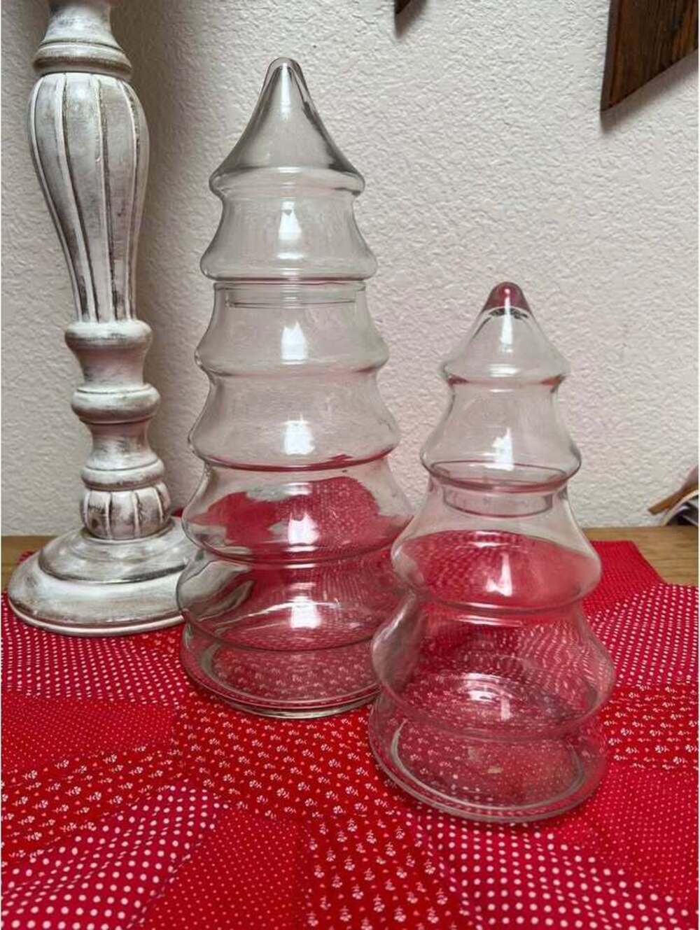 2 Vintage Clear Glass Christmas Tree Canister Jar with Lid Set